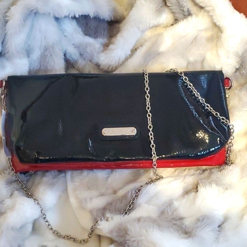 Steve Madden| Women's Red & Black Clutch Purse With Silver Chain Evening Bag L